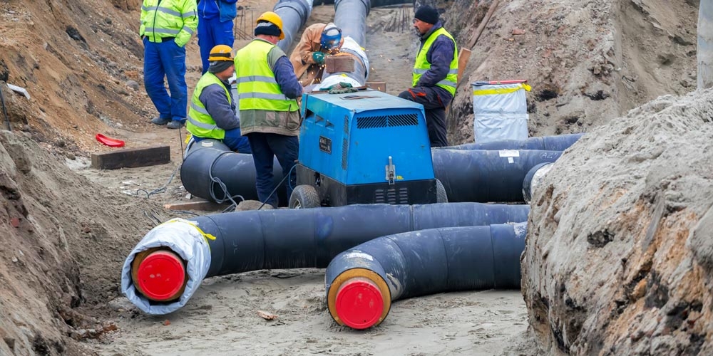 Des tuyaux d'un réseau de chauffage urbain en cours de construction