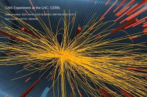Beispiel einer Proton-Proton-Kollision bei 7 TeV Energie, in der mehr als 100 geladene Teilchen erzeugt wurden.