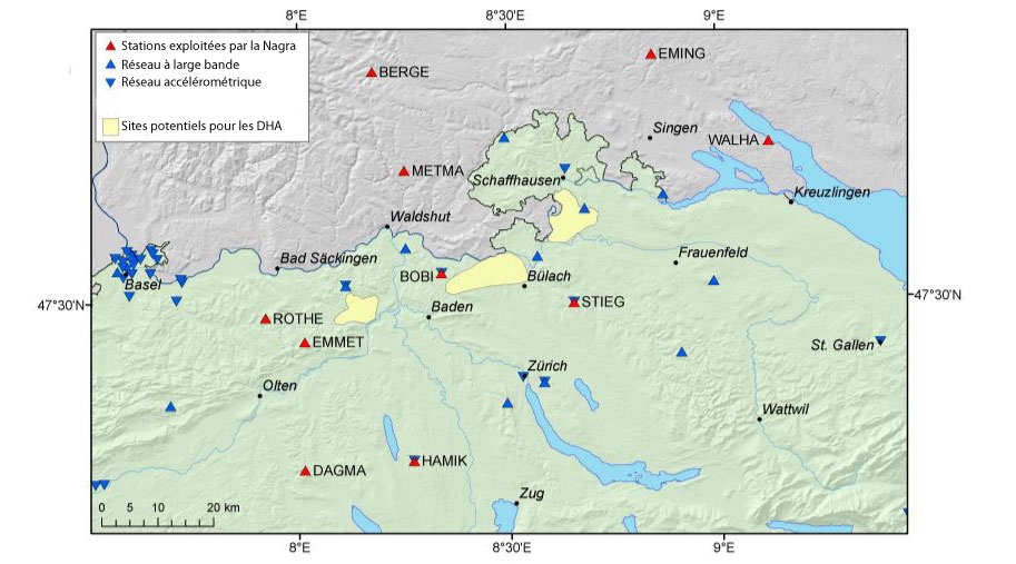 Carte des dix nouvelles stations et du réseau de stations actuel du Service Sismologique Suisse.