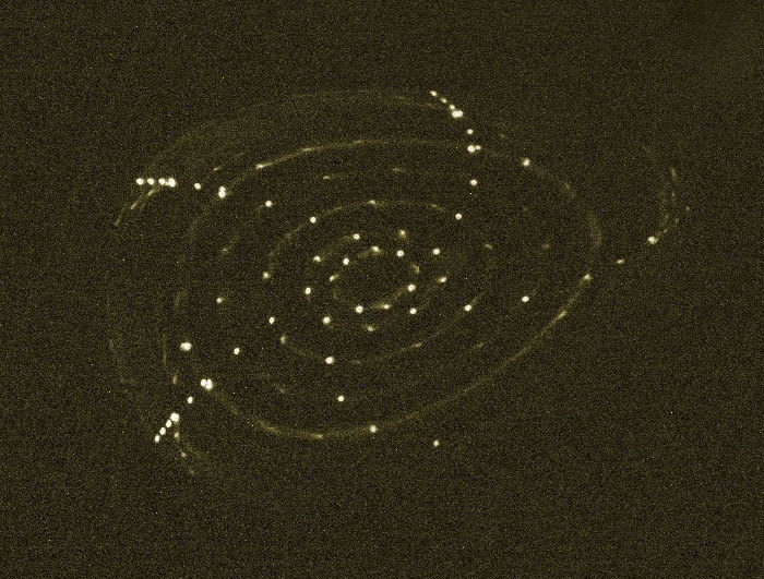 Ein Fluoreszenzstab macht geschlossene, ineinander liegende magnetische Flächen im Plasmagefäss sichtbar.