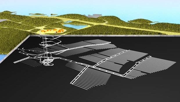 Modellbild des geologischen Tiefenlagers für hochaktive Abfälle auf der Halbinsel Olkiluoto. Hier wird das weltweit erste solche Lager gebaut.