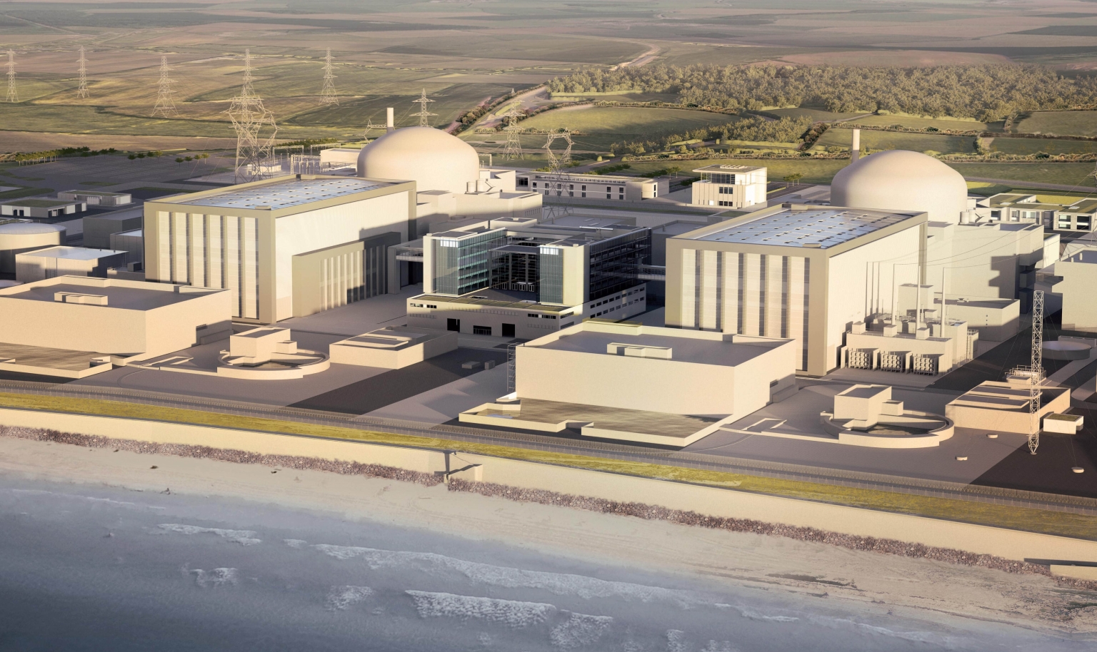 La garantie d’emprunt accordée par le gouvernement britannique ouvre la voie aux investissements chinois dans le projet de nouvelle construction de l’EPR Hinkley Point C, dans le Somerset (représentation générée par ordinateur).