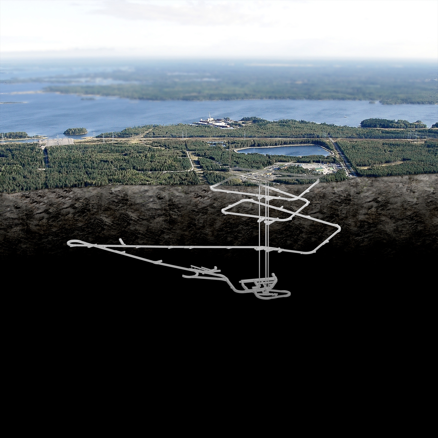 Représentation du dépôt en couches géologiques profondes destiné aux déchets hautement radioactifs sur la presqu’île d’Olkiluoto. Il s'agit du premier dépôt de ce type au monde.