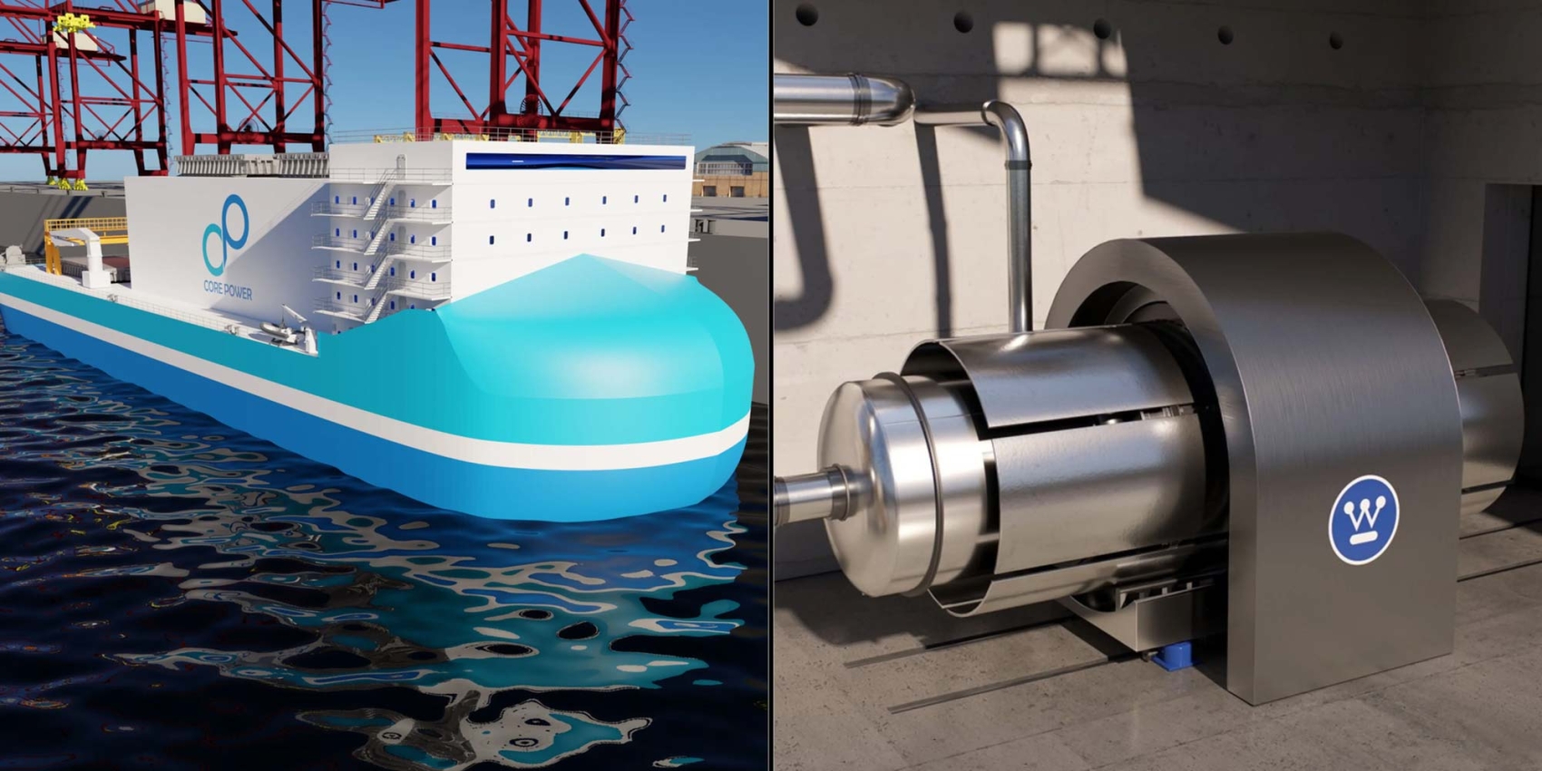 Computergenerierte Darstellung eines schwimmenden Kernkraftwerks von Core Power (links) mit e-Vinci-Reaktoren (rechts) von Westinghouse