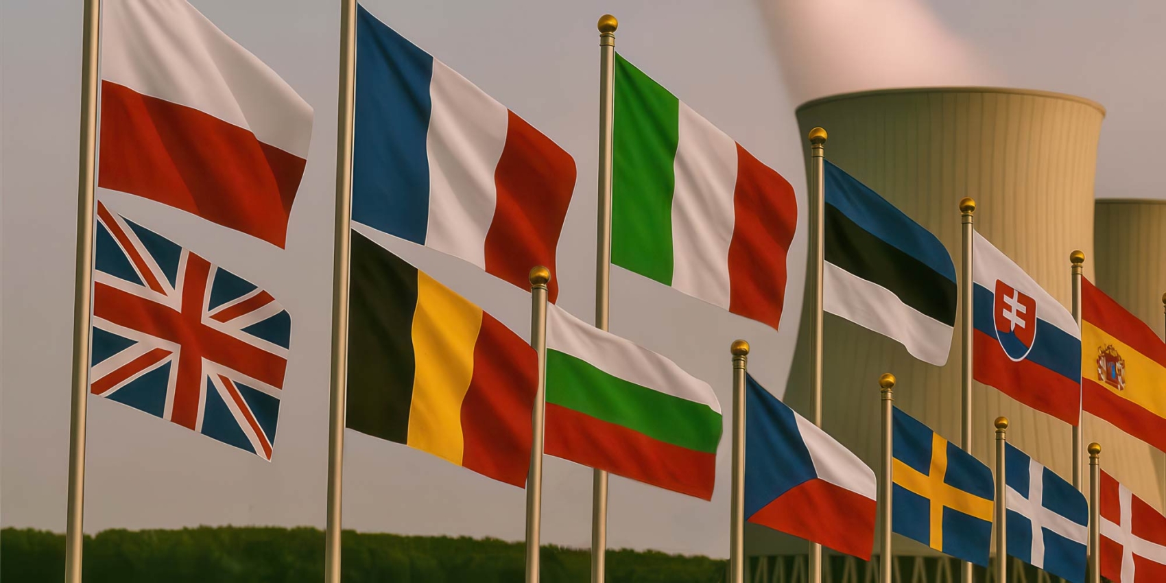 Europäische Flaggen vor einem Kühlturm